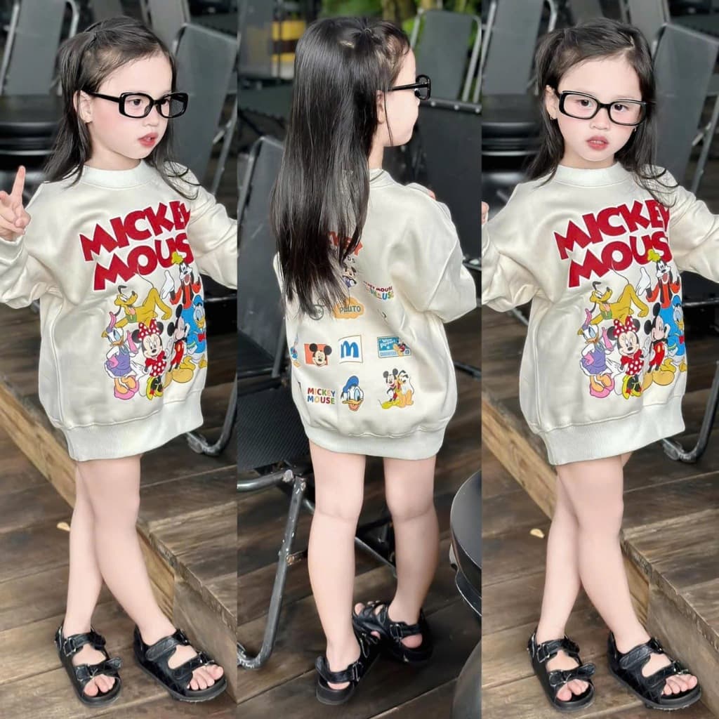 Áo nỉ cổ tròn thu đông cho bé gái hình mickey mouse hoạt hình