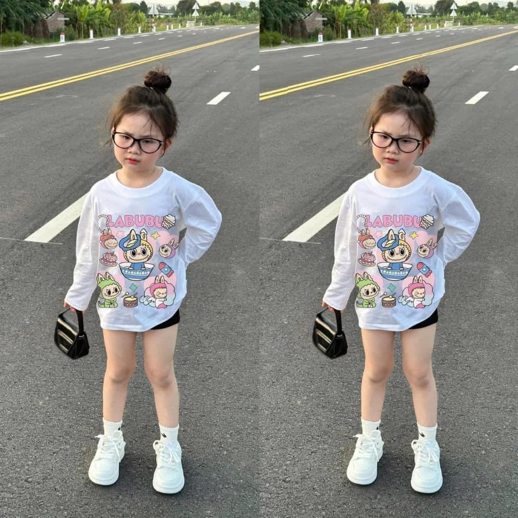Áo thun dài tay cho bé gái hình labubu trái tim