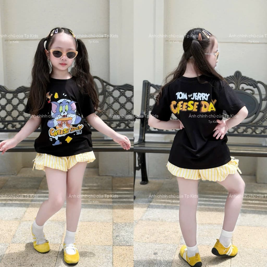 Set áo thun kèm quần bí hình mèo tom cheese cho bé gái