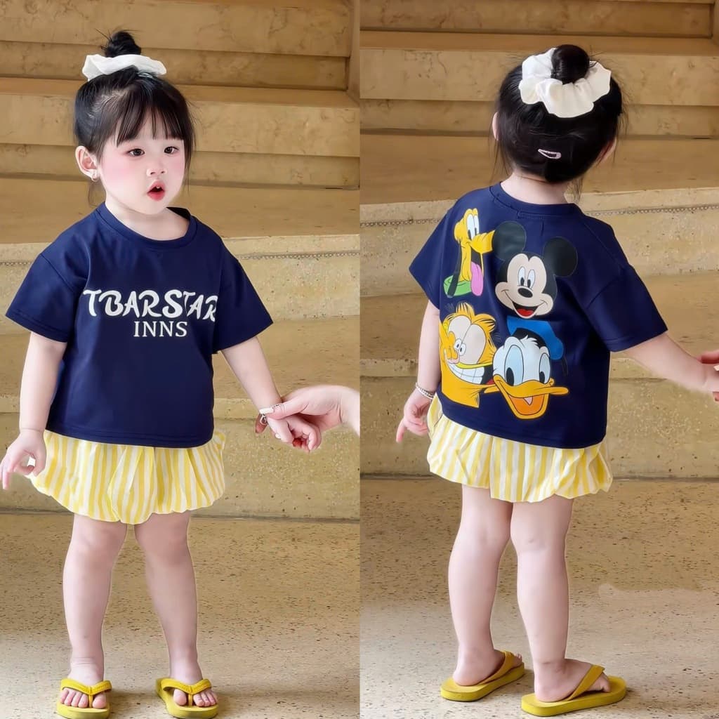 Set áo thun TBARSTAR kèm quần bí vàng cho bé gái