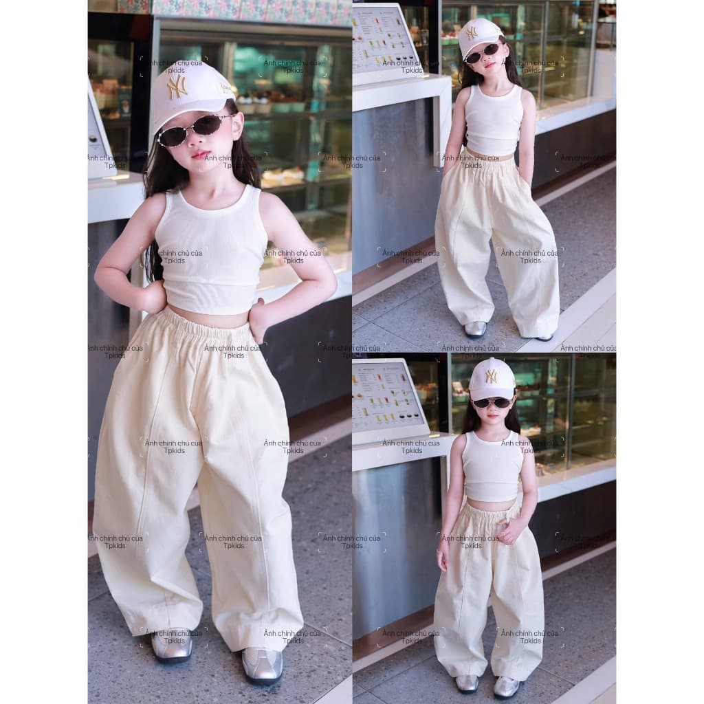 Set áo ba lỗ trắng croptop + quần baggy kaki be cho bé gái mặc đi học