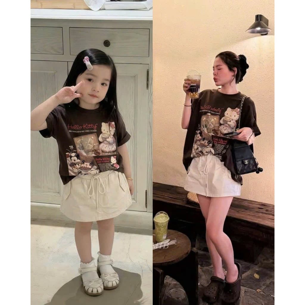 Áo thun gia đình cho bố mẹ và bé hình kitty nâu