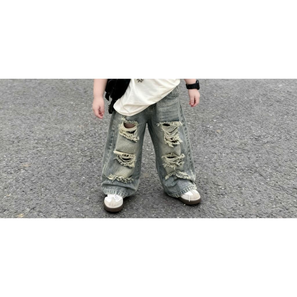 Set áo thun quần bò dài ống xuông rách cho bé trai hoa lá nhiều chi tiết phong cách hàn quốc