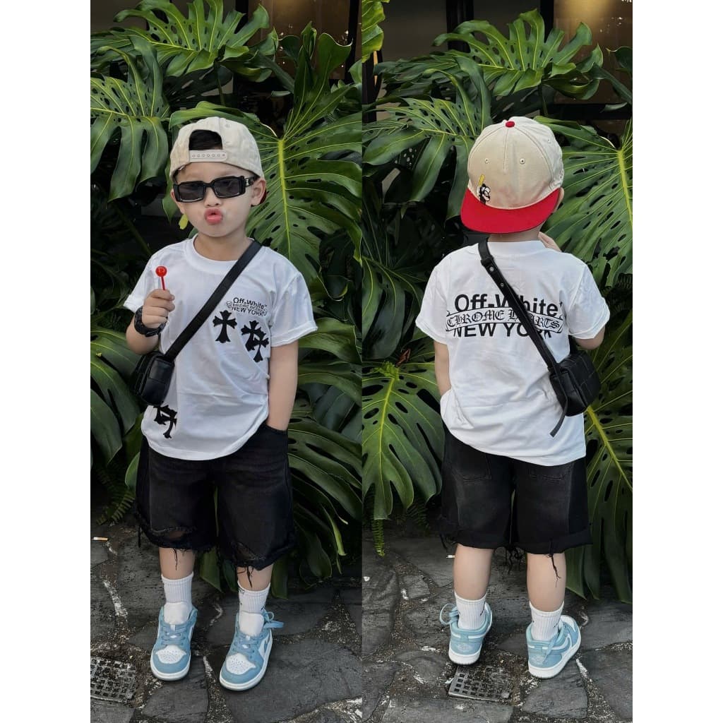 Set áo thun cộc tay kèm quần ngố bò đen rách cho bé trai phong cách hàn quốc