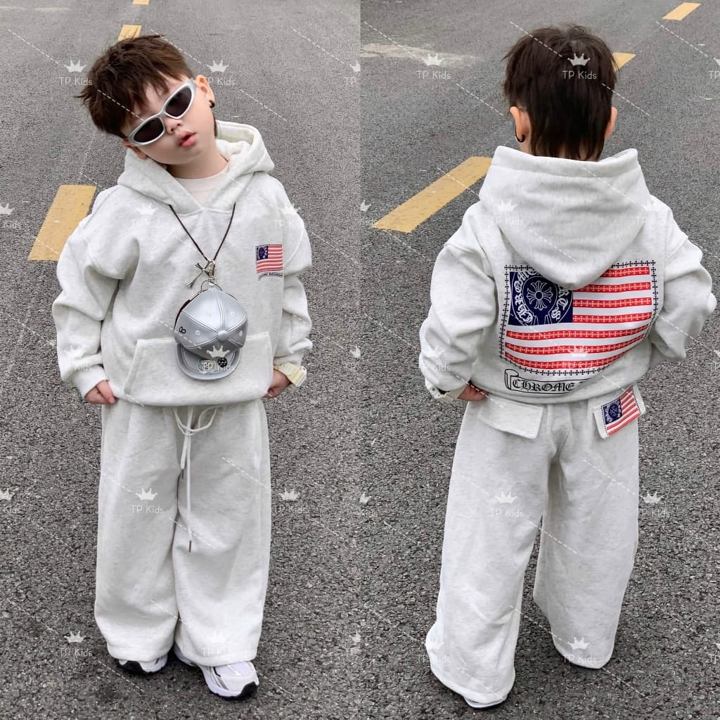 Set áo nỉ hoodie kèm quần nỉ ống xuông hình cờ cho bé trai