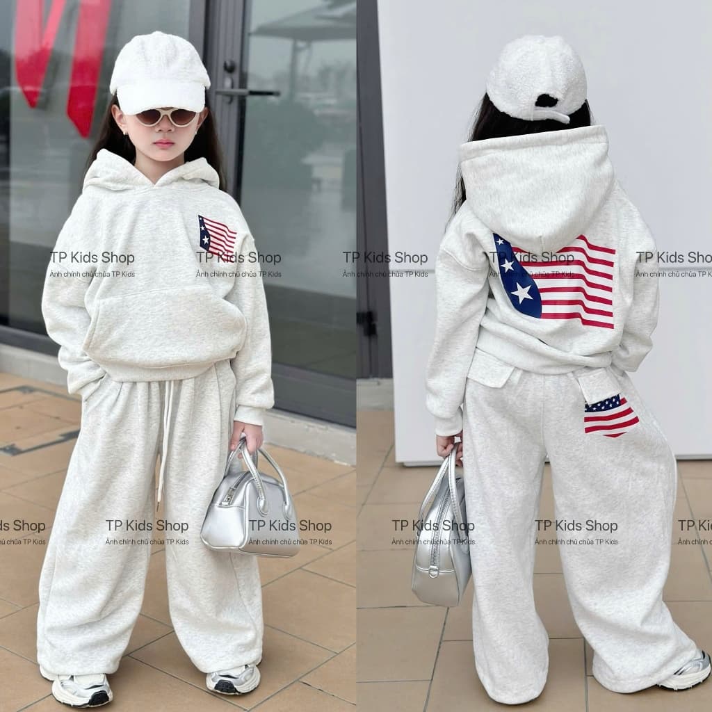 Set áo nỉ hoodie kèm quần nỉ ống xuông hình cờ 3 sao phiên bản mới cho bé gái